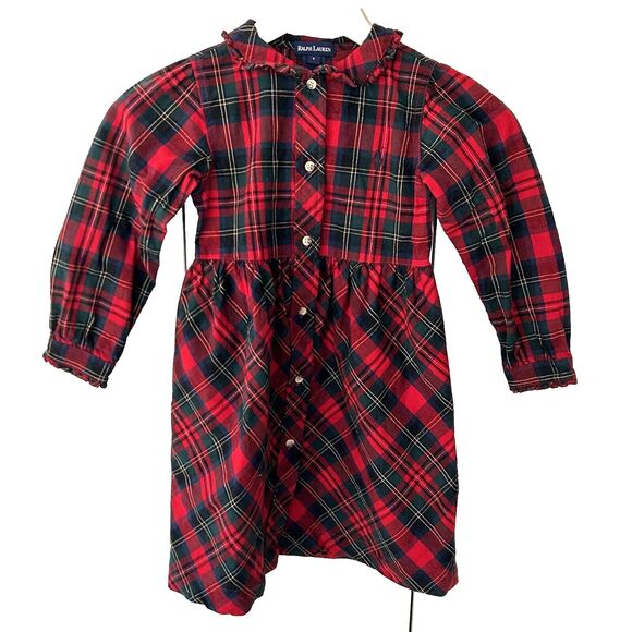 Ralph Lauren Dress Size 5 Red Plaid Ruffle Collar Button Logo Holidays Party